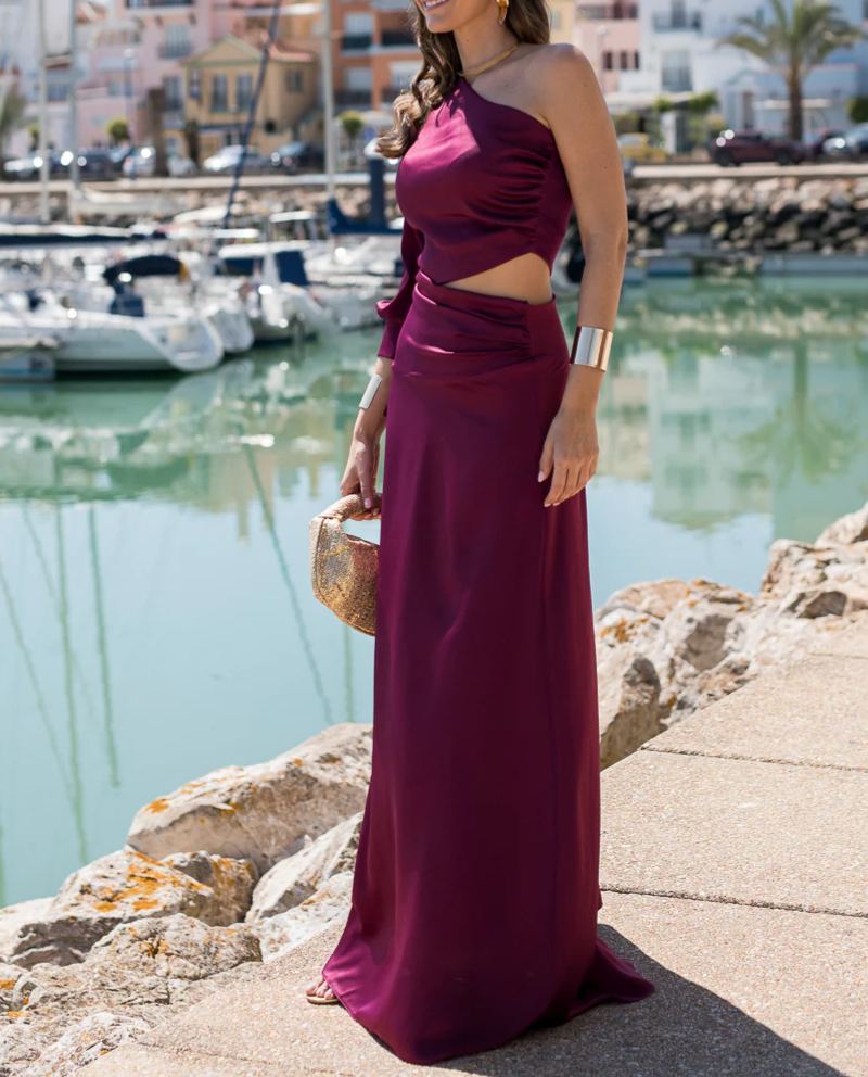Purple Satin One-Shoulder Dress