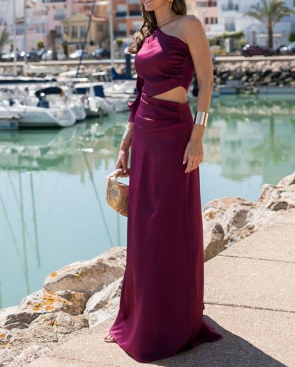 Purple Satin One-Shoulder Dress