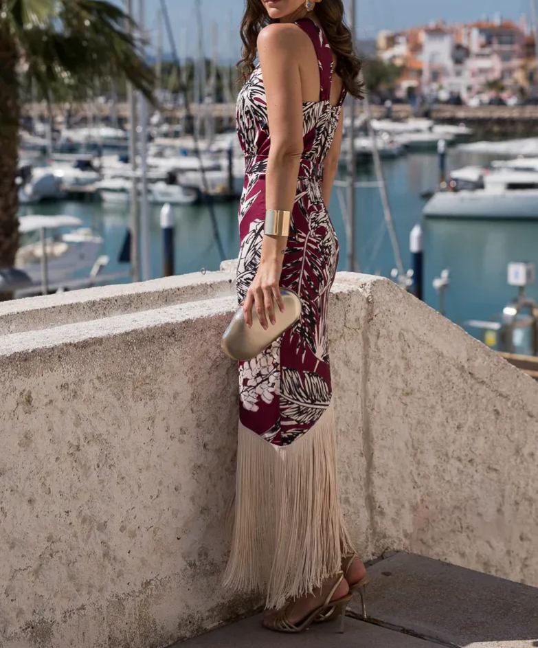 Cherry-Print Backless Fringe Dress