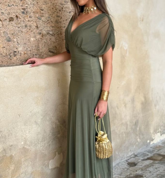 Plain Green Draped Chiffon Dress