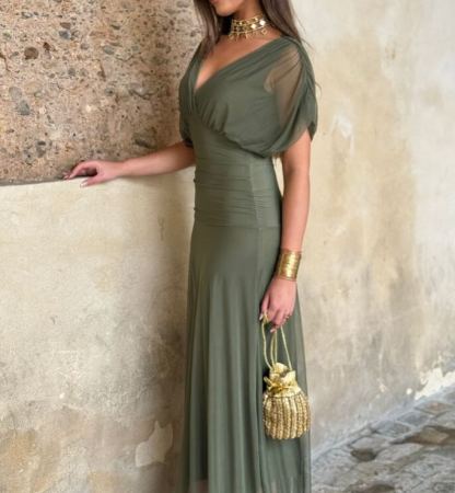 Plain Green Draped Chiffon Dress