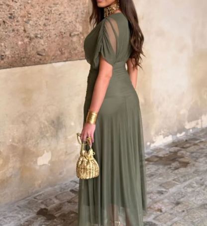 Plain Green Draped Chiffon Dress