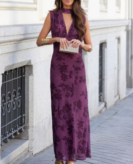 Flocked Print Sleeveless Maxi Dress
