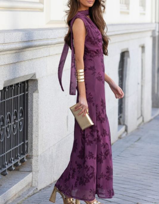 Flocked Print Sleeveless Maxi Dress