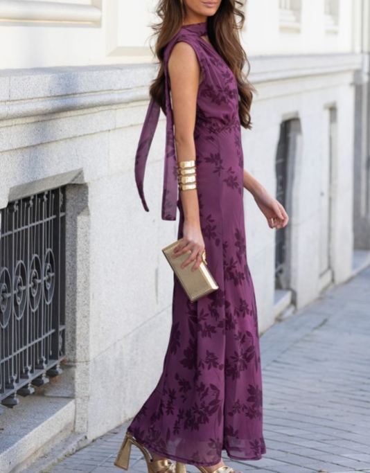 Flocked Print Sleeveless Maxi Dress