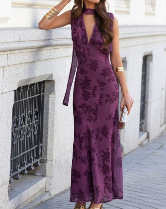 Flocked Print Sleeveless Maxi Dress