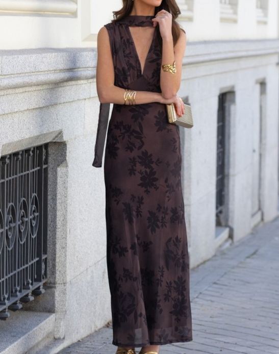 Flocked Print Sleeveless Maxi Dress