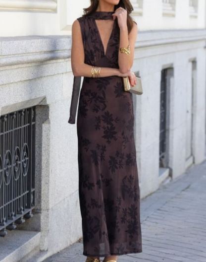 Flocked Print Sleeveless Maxi Dress
