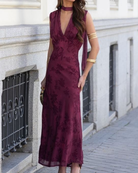 Flocked Print Sleeveless Maxi Dress