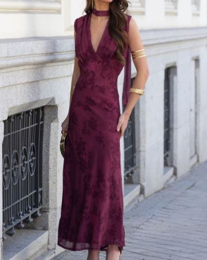 Flocked Print Sleeveless Maxi Dress