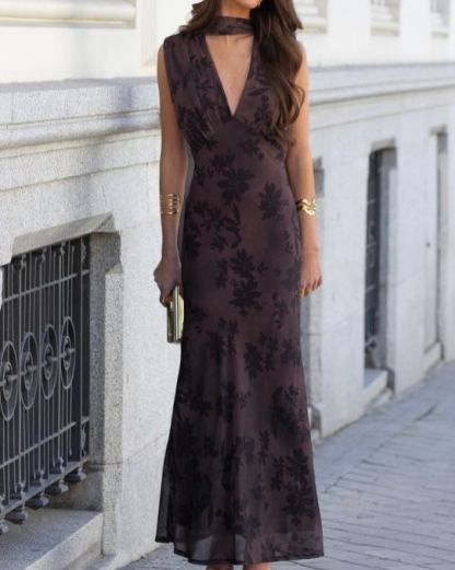 Flocked Print Sleeveless Maxi Dress