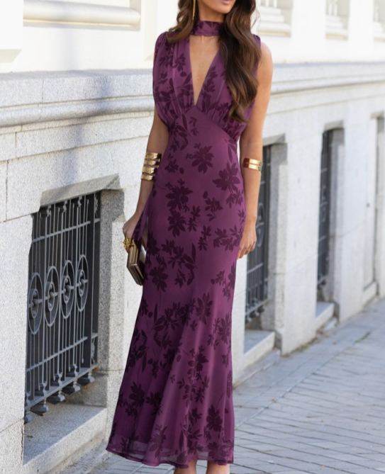 Flocked Print Sleeveless Maxi Dress