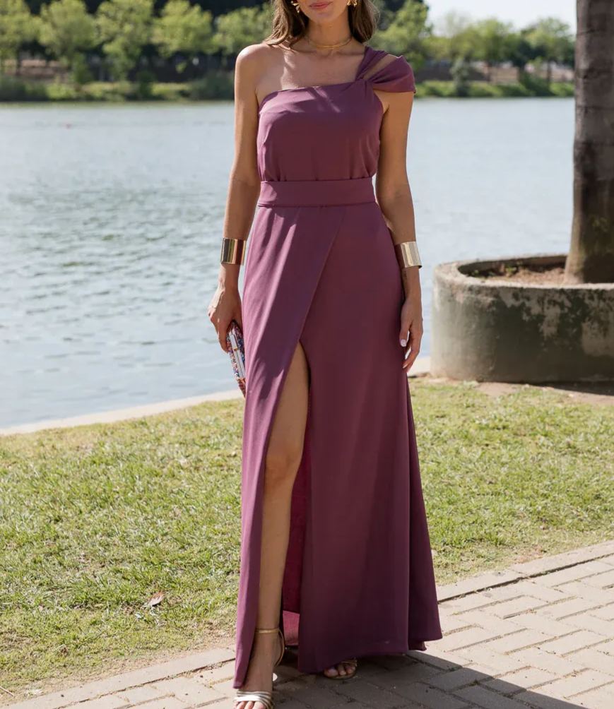 Long Asymmetrical Double-Shoulder Dress