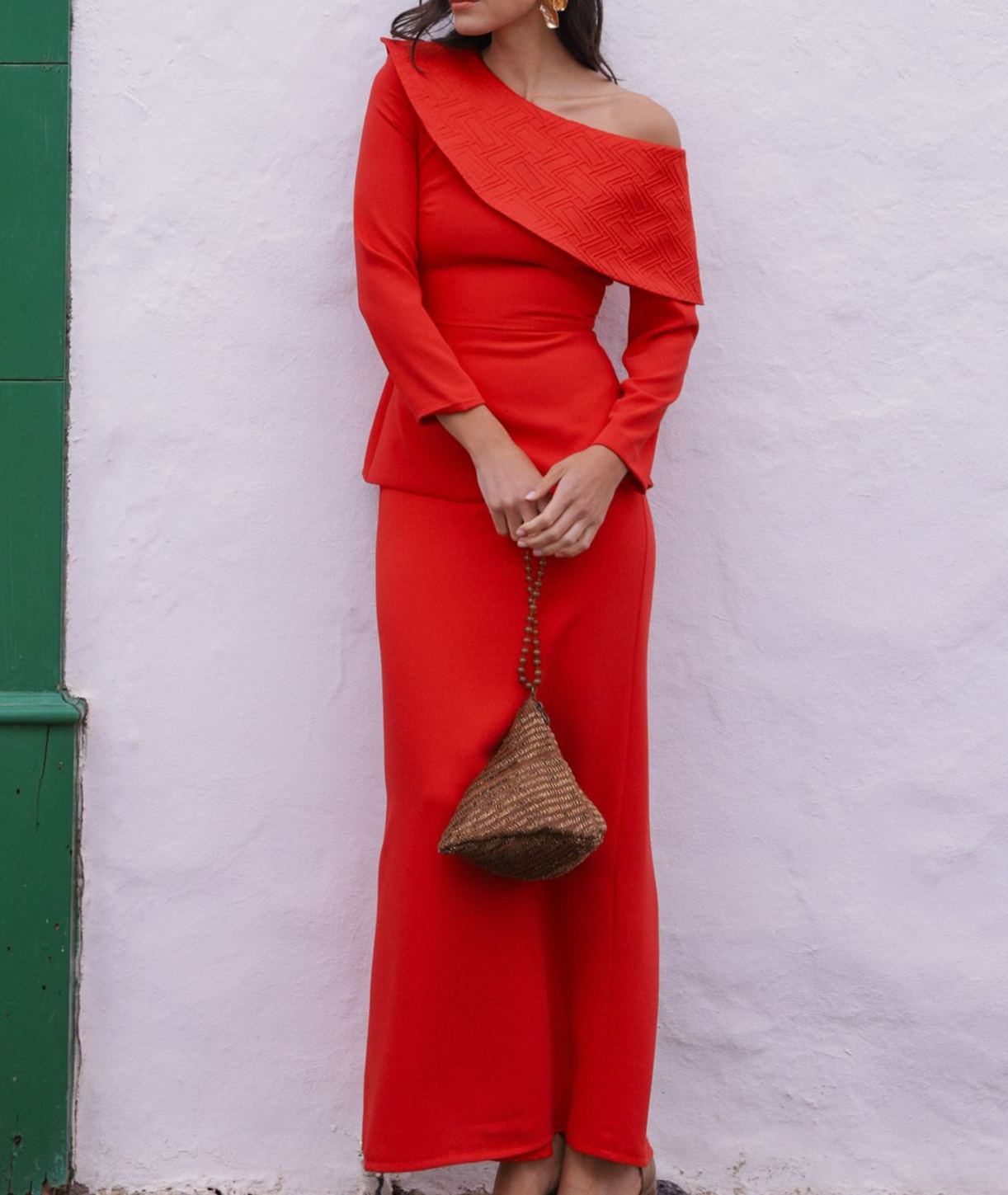 Bright red off-shoulder ruffled collar maxi dress