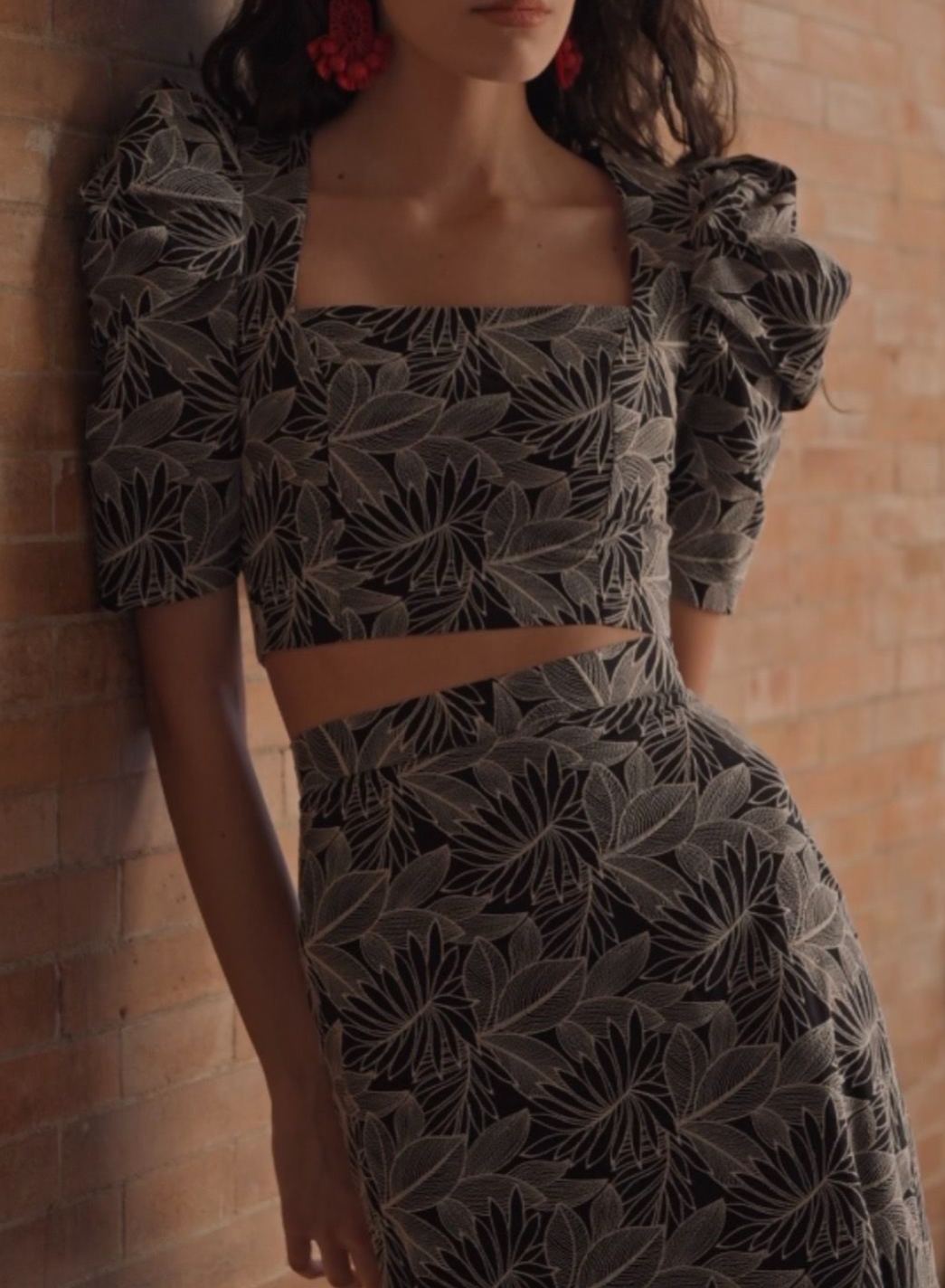Retro Floral Print Puff Sleeve Skirt Set
