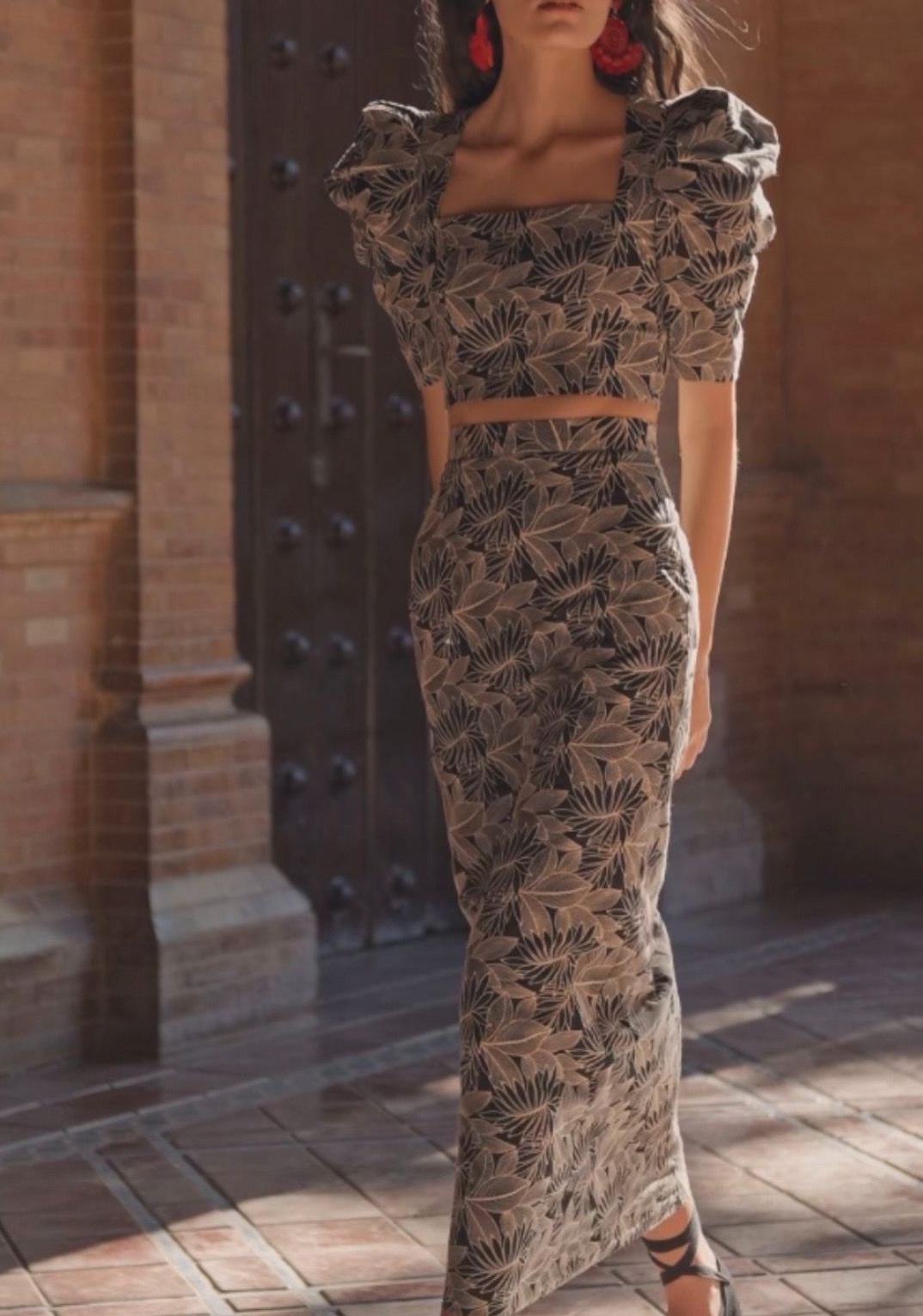 Retro Floral Print Puff Sleeve Skirt Set