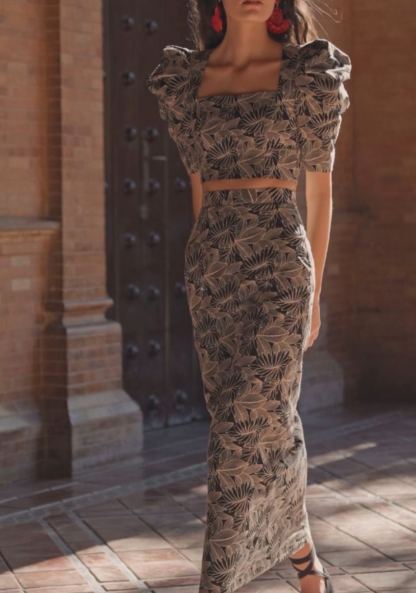 Retro Floral Print Puff Sleeve Skirt Set