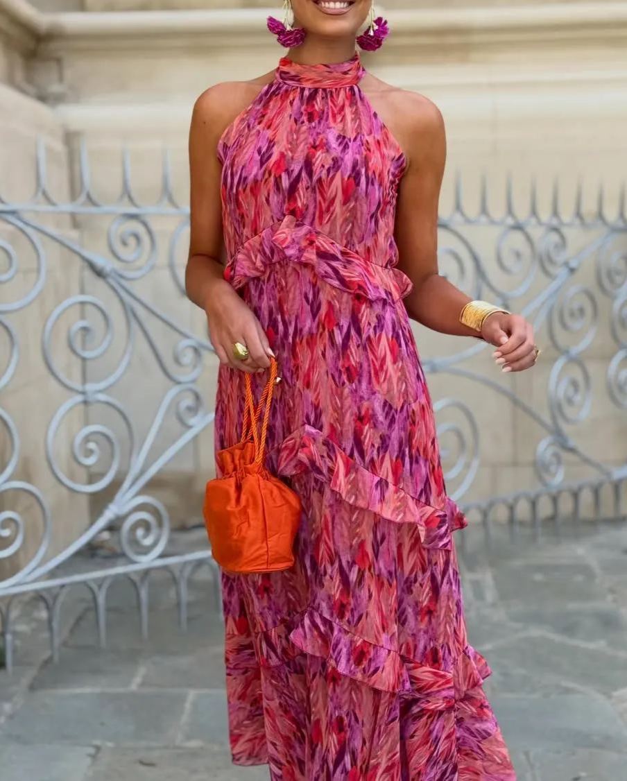 Printed Halter-Neck Ruffled Maxi Dress