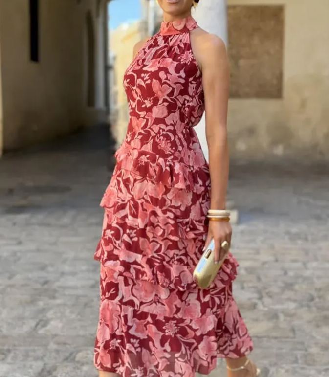 Printed Halter-Neck Ruffled Maxi Dress