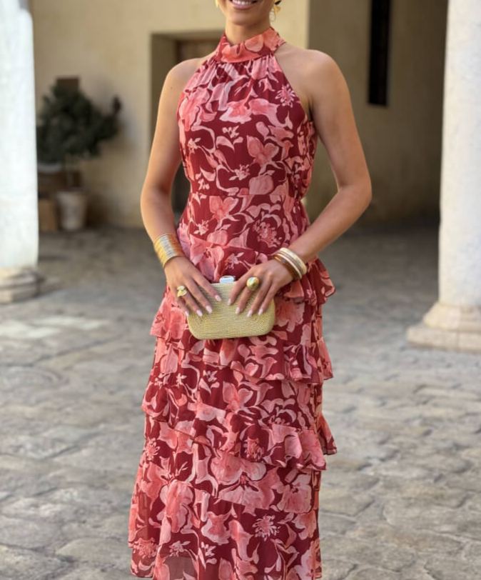 Printed Halter-Neck Ruffled Maxi Dress