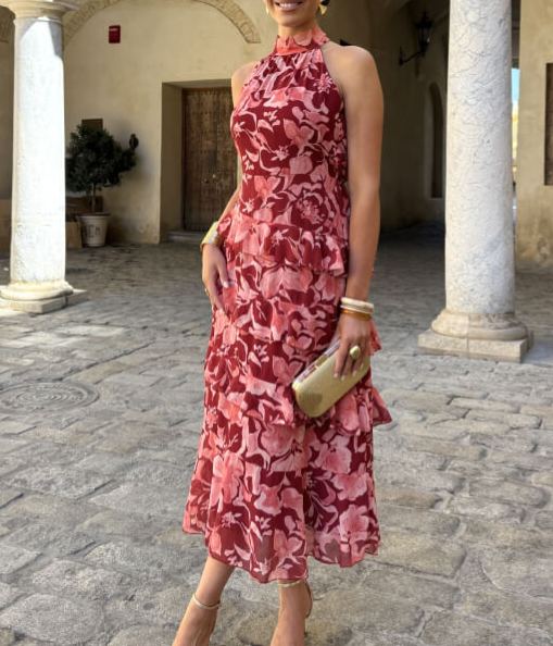 Printed Halter-Neck Ruffled Maxi Dress
