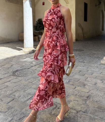Printed Halter-Neck Ruffled Maxi Dress