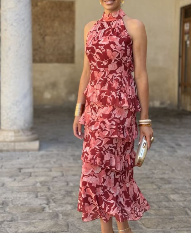 Printed Halter-Neck Ruffled Maxi Dress