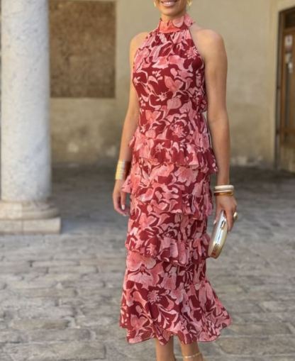 Printed Halter-Neck Ruffled Maxi Dress