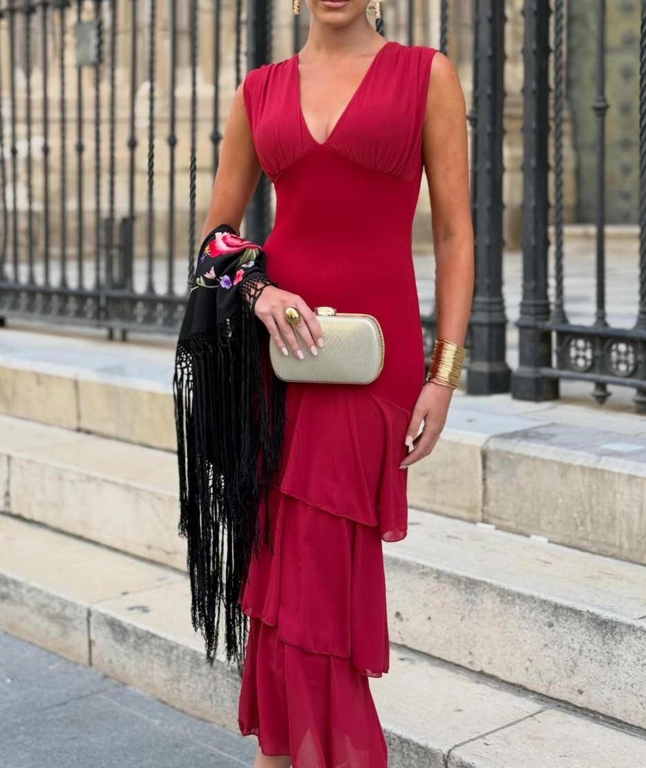 Rose-Purple V-Neck Sleeveless Ruffled Dress