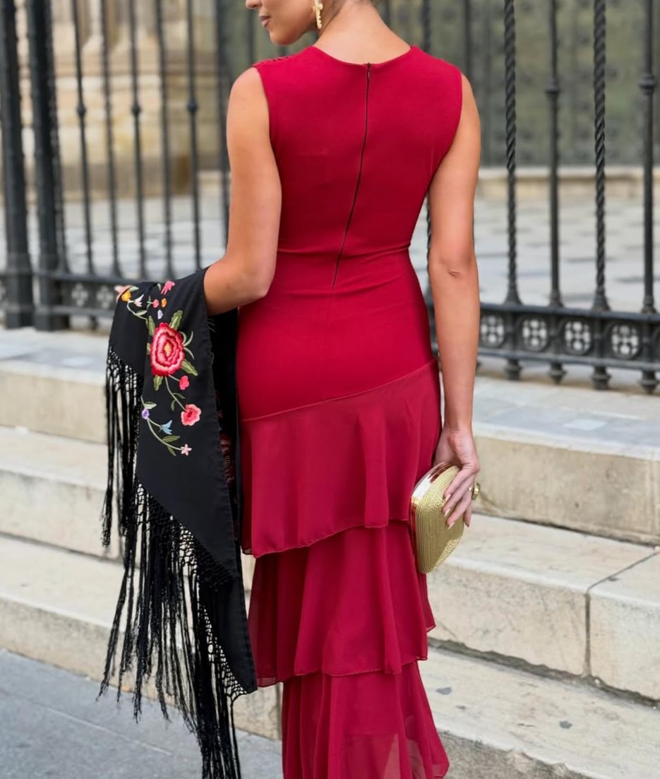 Rose-Purple V-Neck Sleeveless Ruffled Dress
