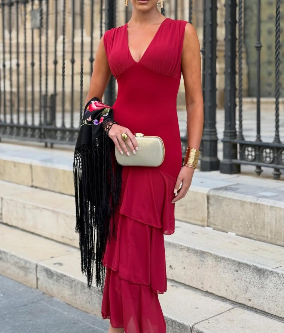 Rose-Purple V-Neck Sleeveless Ruffled Dress