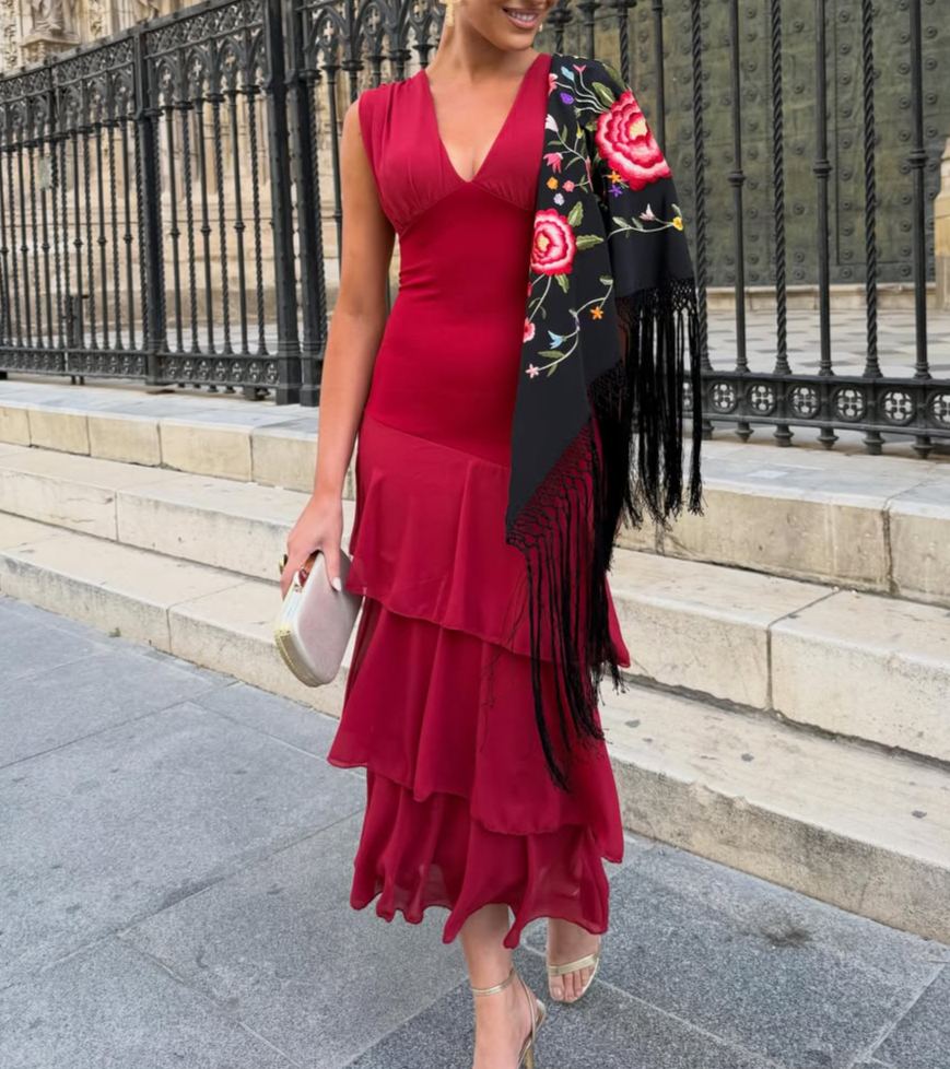 Rose-Purple V-Neck Sleeveless Ruffled Dress