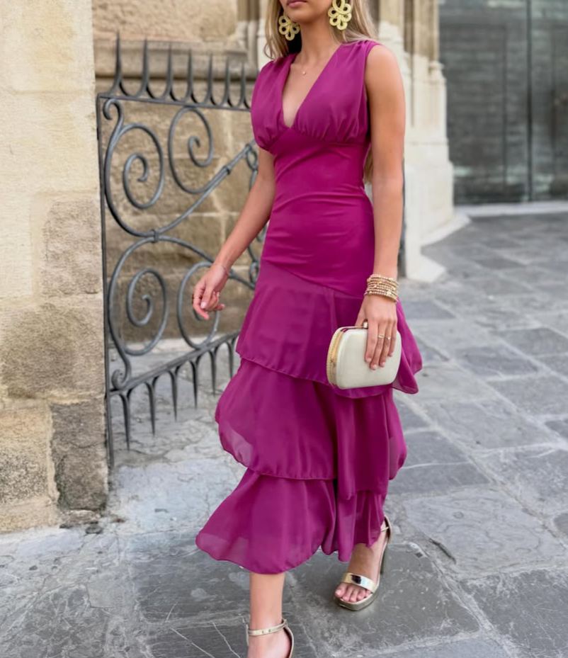 Rose-Purple V-Neck Sleeveless Ruffled Dress