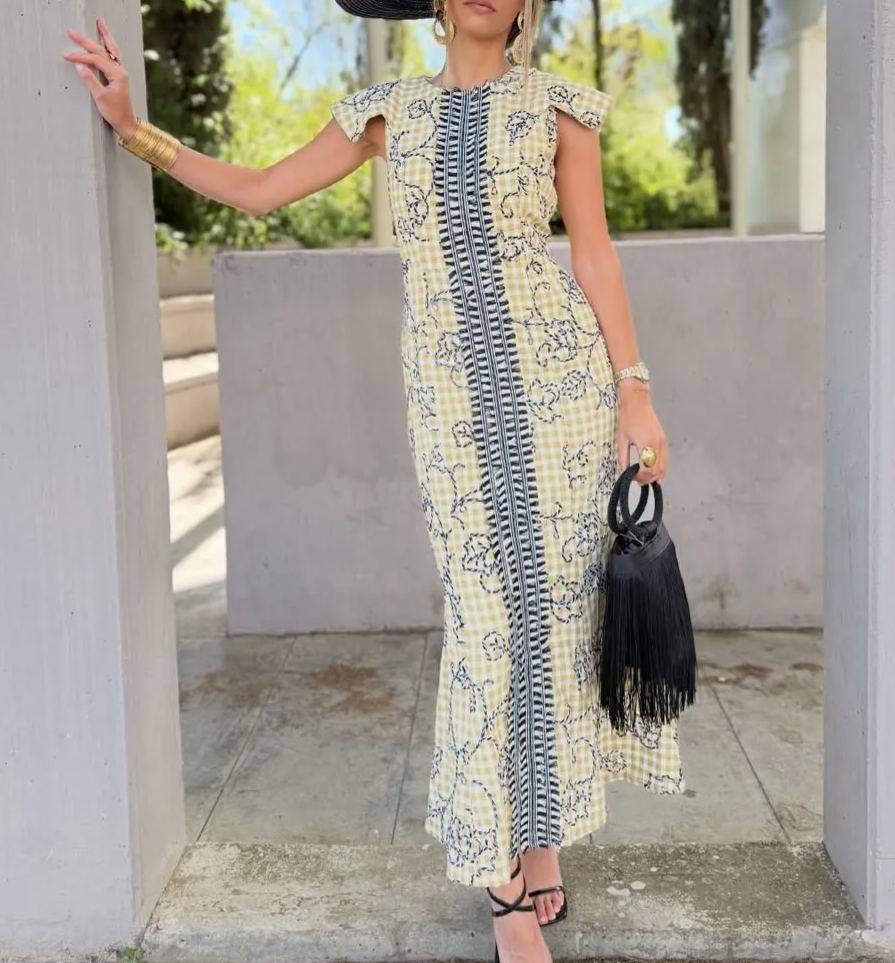 Yellow Checkered Print Fishtail Maxi Dress