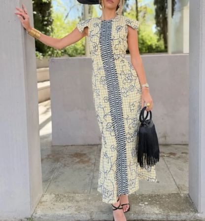 Yellow Checkered Print Fishtail Maxi Dress