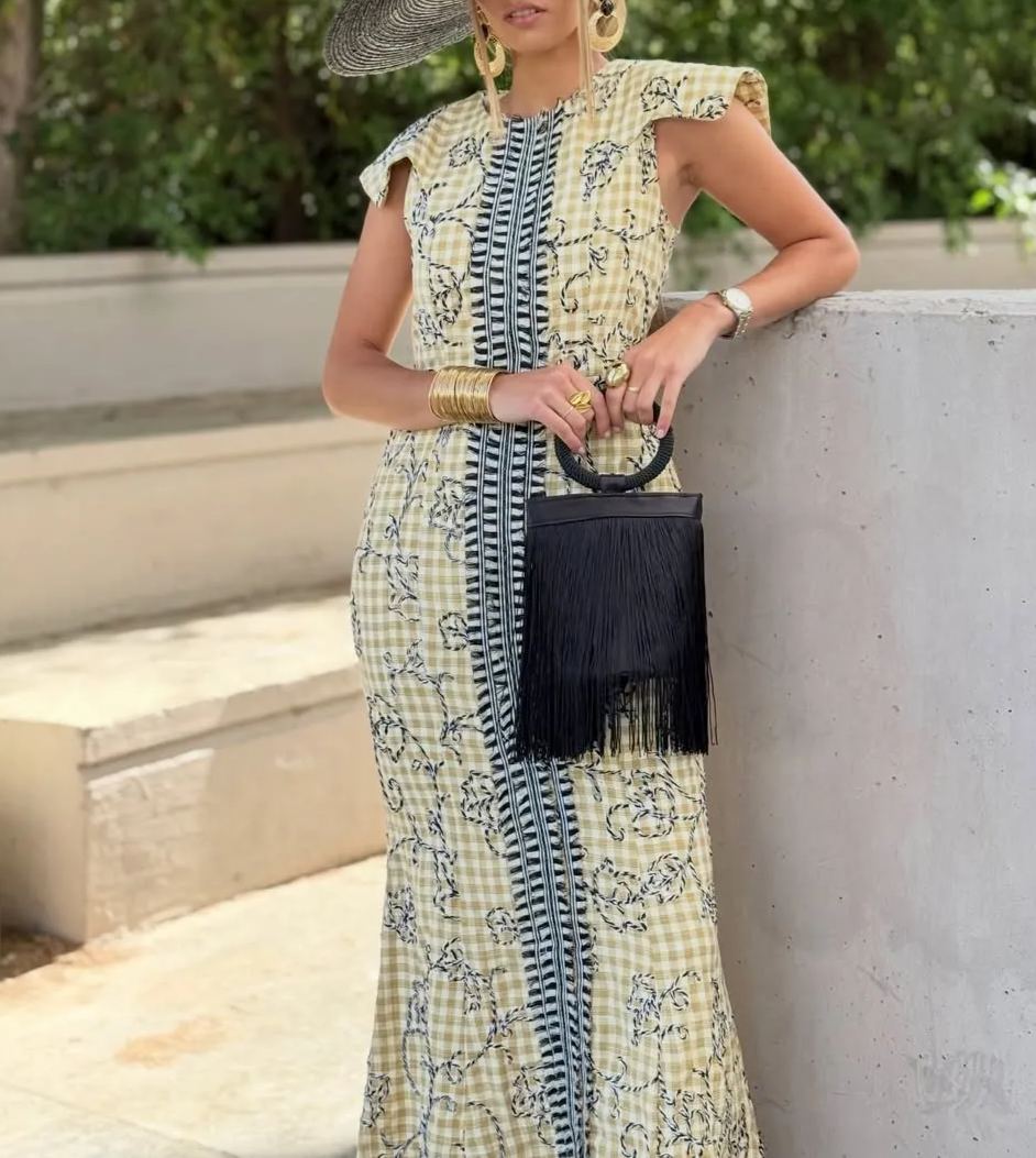 Yellow Checkered Print Fishtail Maxi Dress