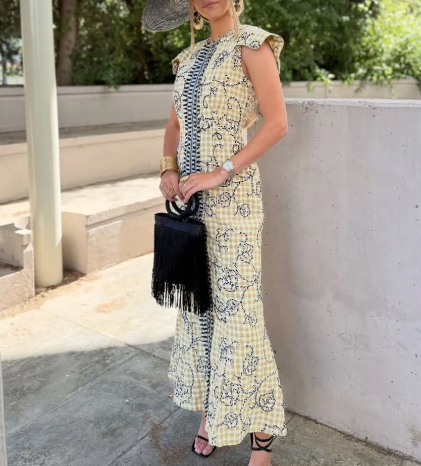 Yellow Checkered Print Fishtail Maxi Dress