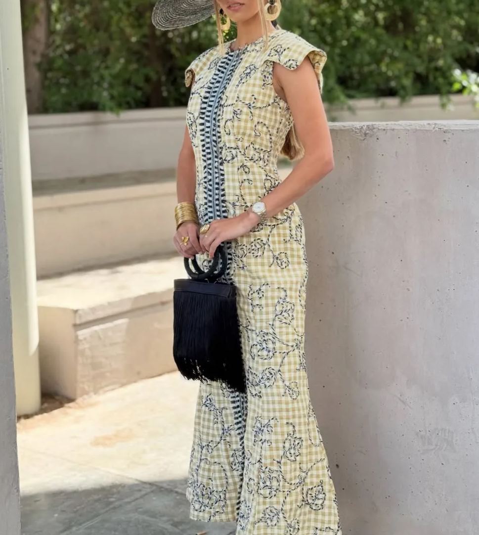 Yellow Checkered Print Fishtail Maxi Dress