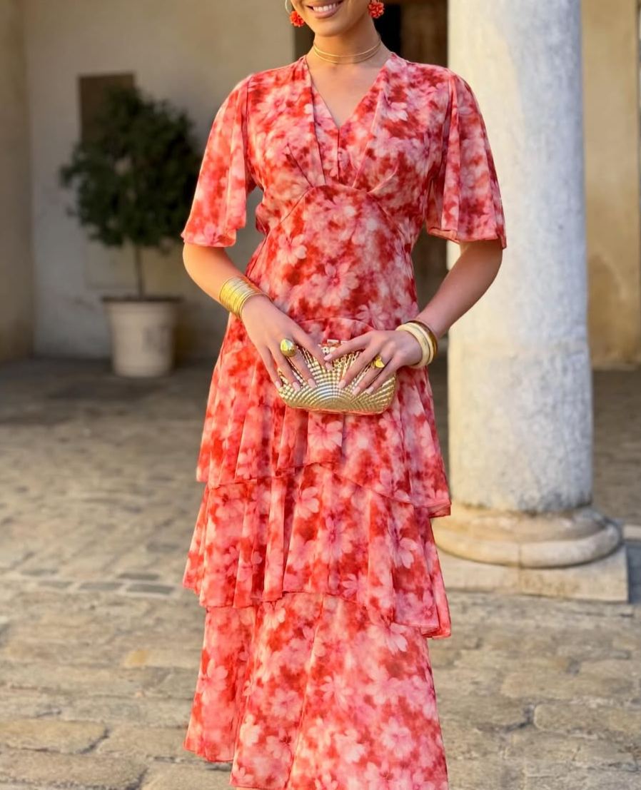 Red-toned floral V-neck ruffled dress