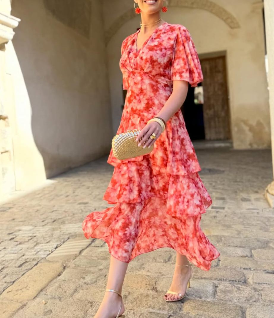 Red-toned floral V-neck ruffled dress