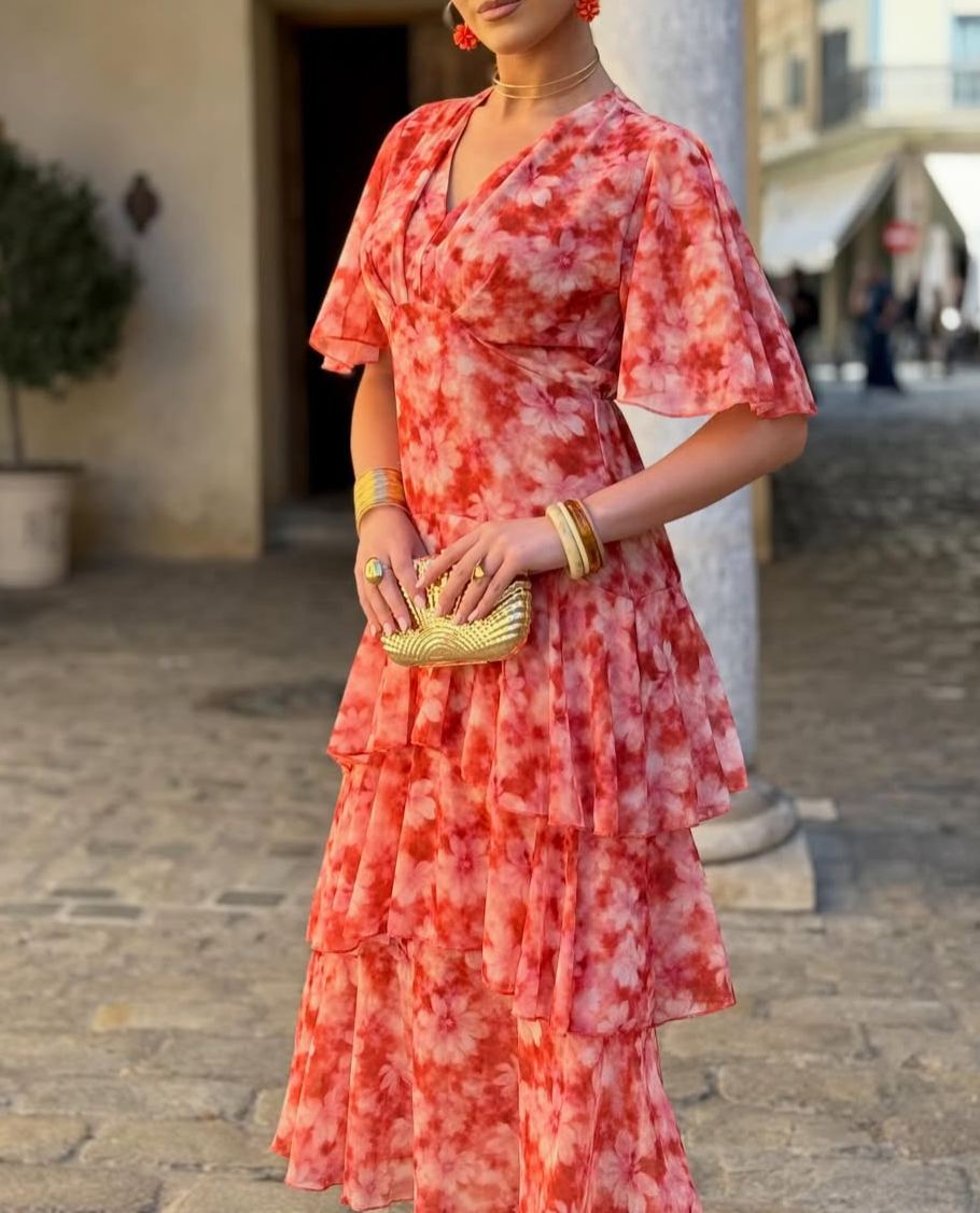 Red-toned floral V-neck ruffled dress