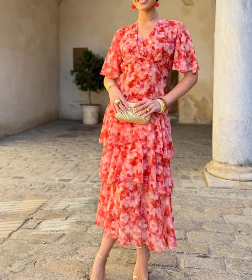 Red-toned floral V-neck ruffled dress