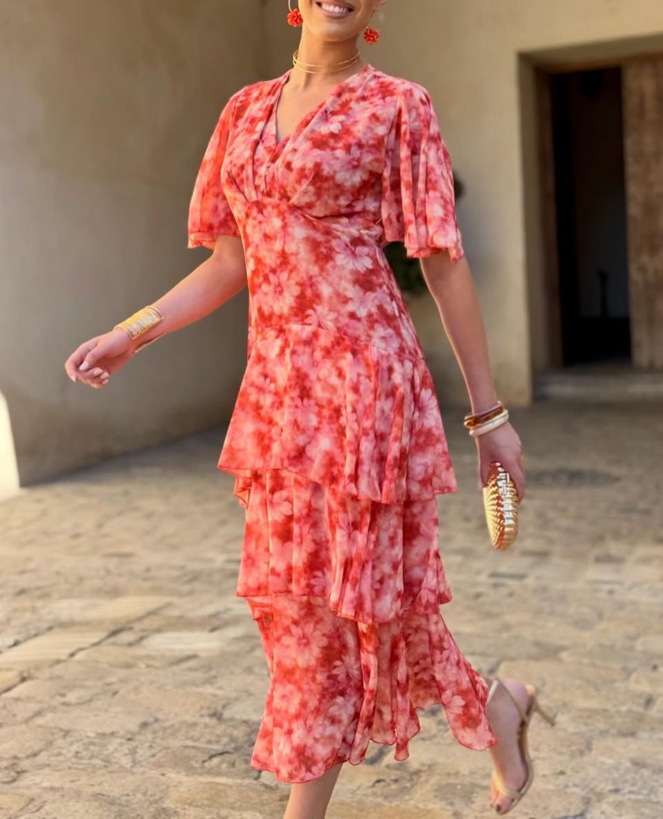 Red-toned floral V-neck ruffled dress