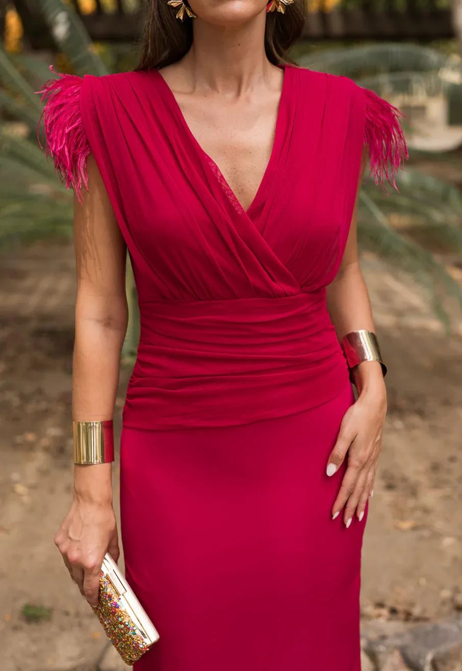 Cherry Feather Draped Midi Dress