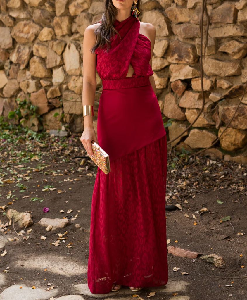 Cherry Pattern Backless Double-Layer Maxi Dress