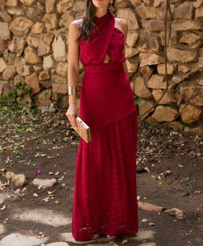 Cherry Pattern Backless Double-Layer Maxi Dress