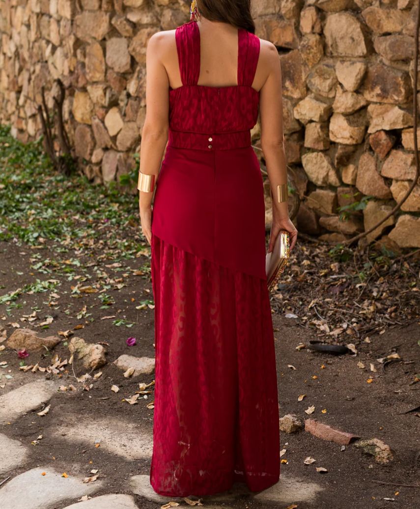 Cherry Pattern Backless Double-Layer Maxi Dress