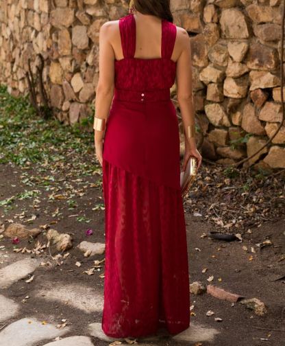 Cherry Pattern Backless Double-Layer Maxi Dress