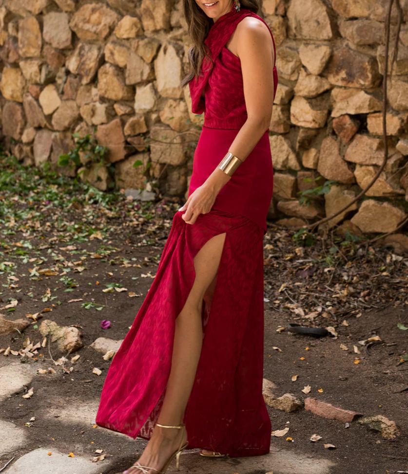 Cherry Pattern Backless Double-Layer Maxi Dress