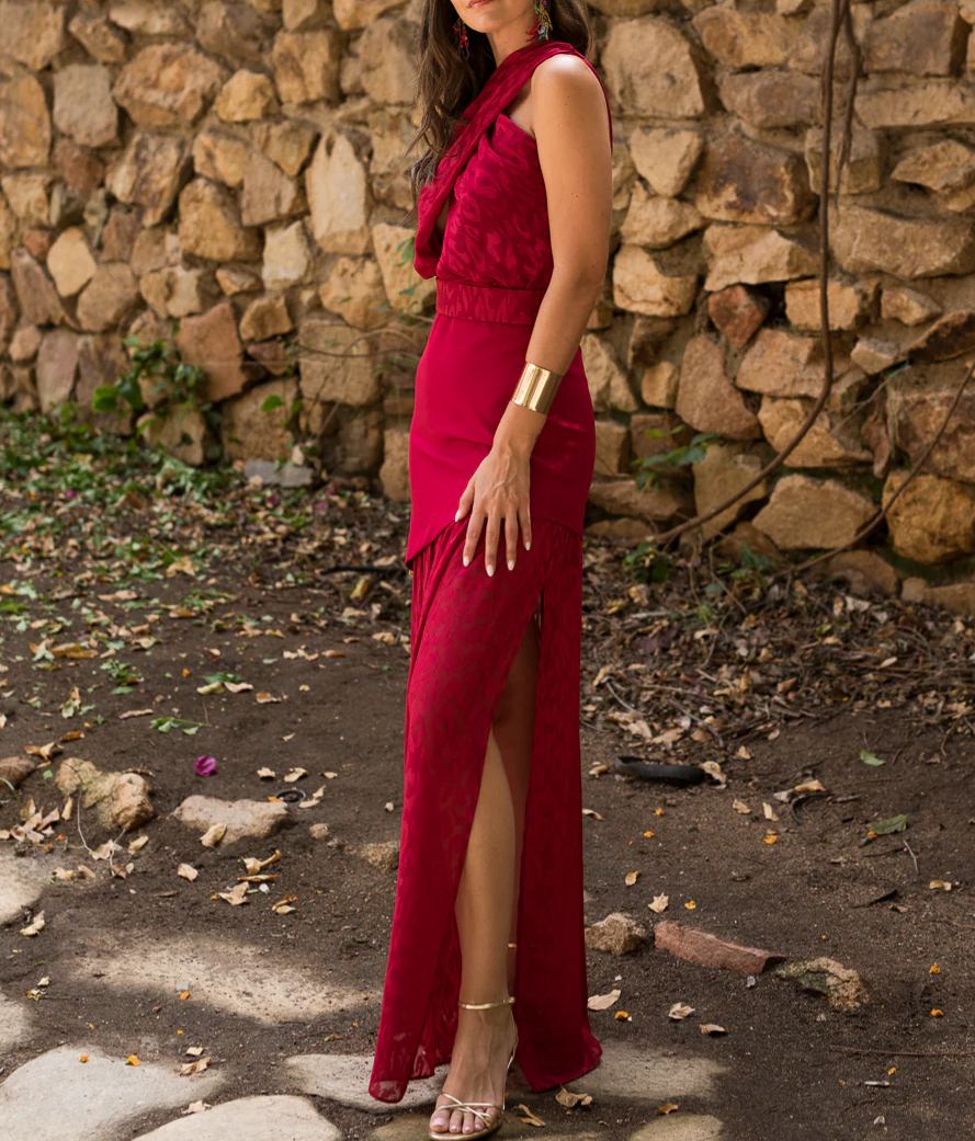 Cherry Pattern Backless Double-Layer Maxi Dress